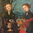 Porträts der Heiligen Barbara mit Turm, Kelch und Hostie sowie der Heiligen Dorothea mit Blumenkorb